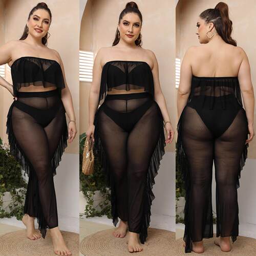 Beach set, mesh, plus size women's clothing, lotus leaf
