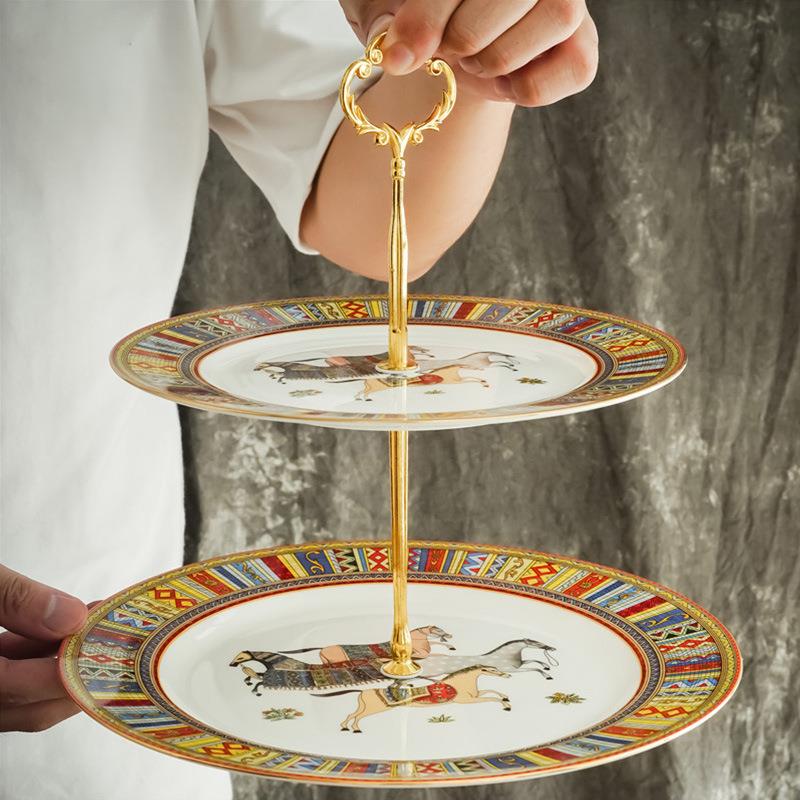 盘欧式奢轻骨瓷双层串盘蛋糕水果茶盘下午干果盘婚庆串盘0724西餐