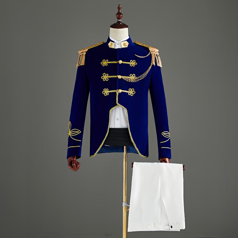 高档版绒蓝色军风格队男女海舞台演出服走秀鼓乐升旗军表礼服