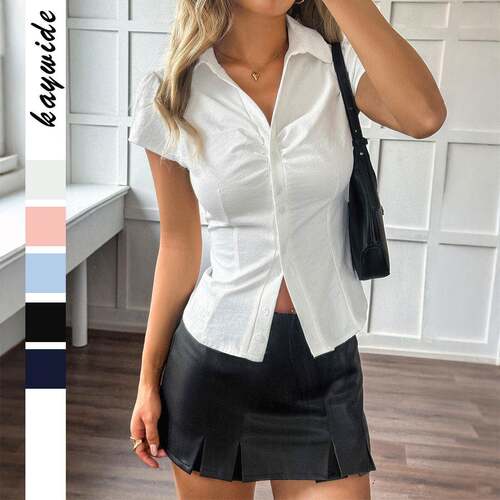 Women'S Button Down Shirts Cap Sleeve Turn Down Collar