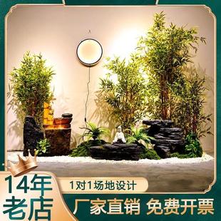 中式入户景观室内办公室采光井流水仿真绿植竹子造景别墅楼梯装饰