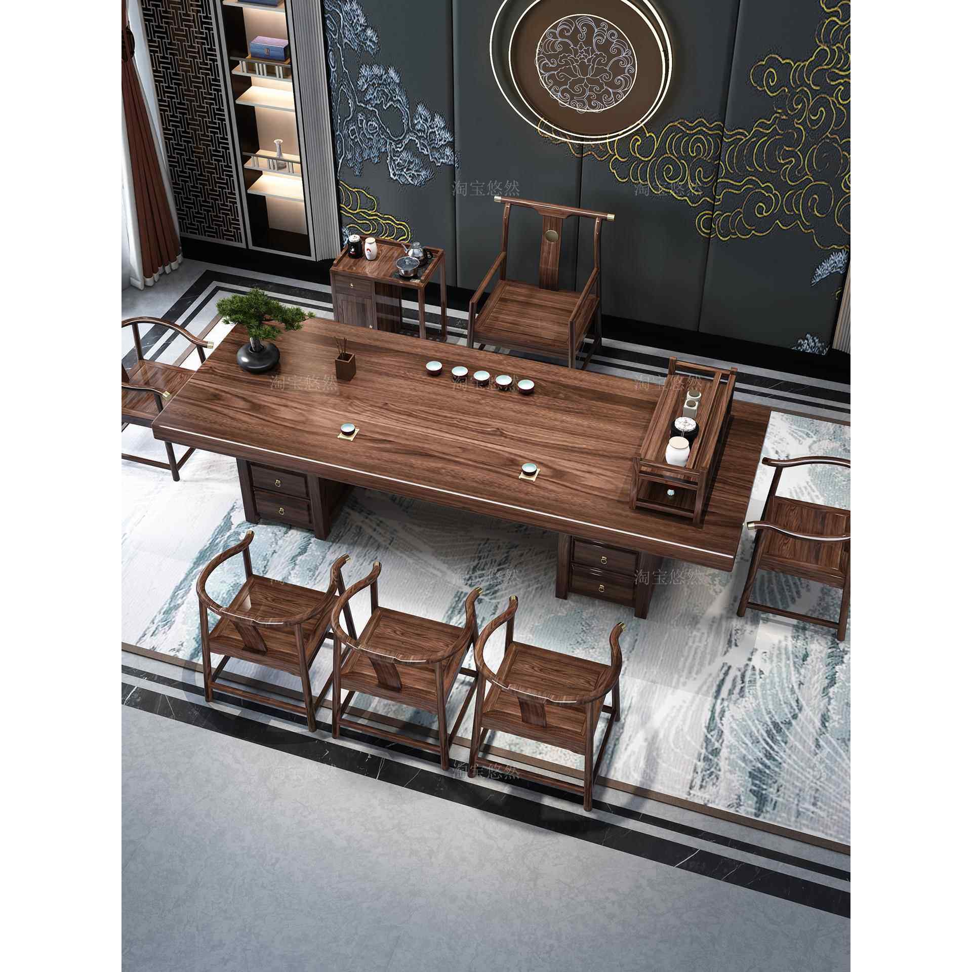 北美黑胡桃罗汉床茶几椅子组合实木大板新中式家庭茶几办公茶几