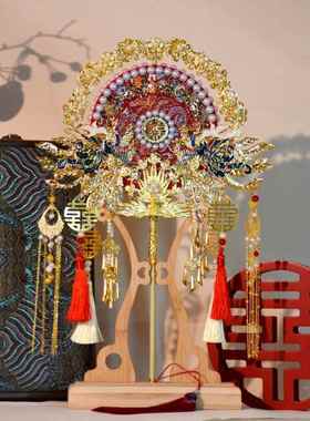 结婚扇出嫁扇包成品重喜工新中材料式双面秀禾红色新EXX娘手工团