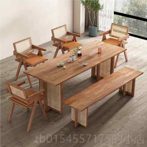 正品胶侘寂风实木桌藤编餐桌简北欧橡木小户型极长凳原木家用餐厅