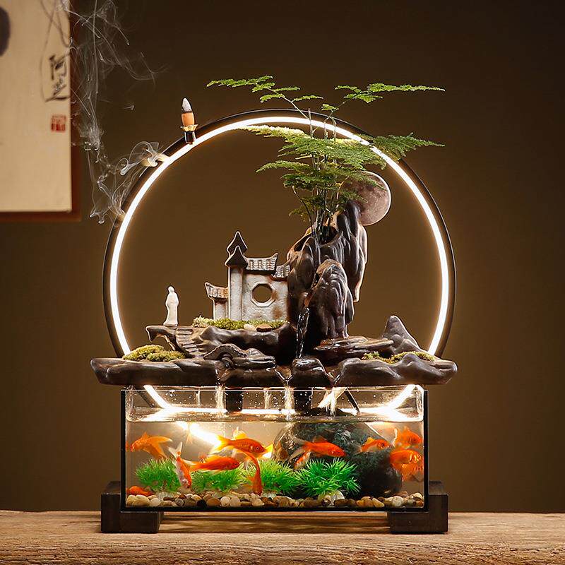 流水生财自循环喷泉金鱼缸中小型水族箱办公桌面装饰摆设开业礼品