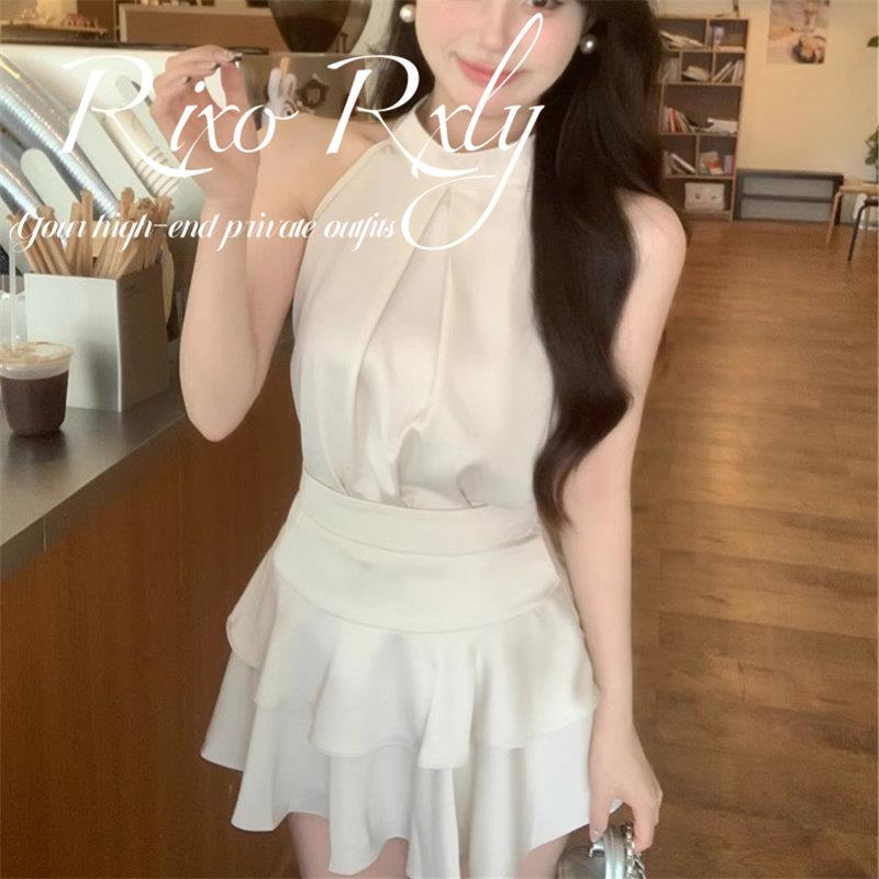 RIXO RXLY挂颈无袖上衣荷叶边短裙套装女夏季小众设计感短袖套装