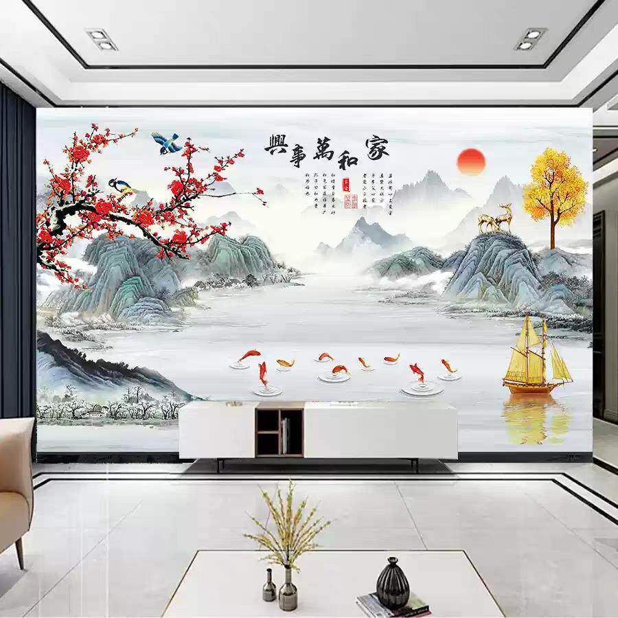 竹木纤维电视背景墙碳晶板新款中式客厅卧室山水装饰画集成护墙板