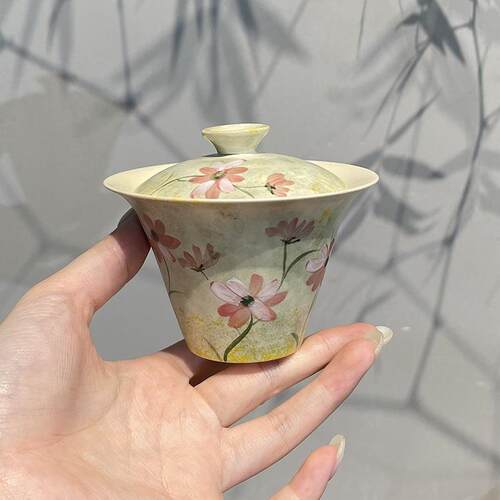 惊蛰 粉引手绘格桑花斗笠盖碗套组旅行茶具不烫手泡茶碗便携套装