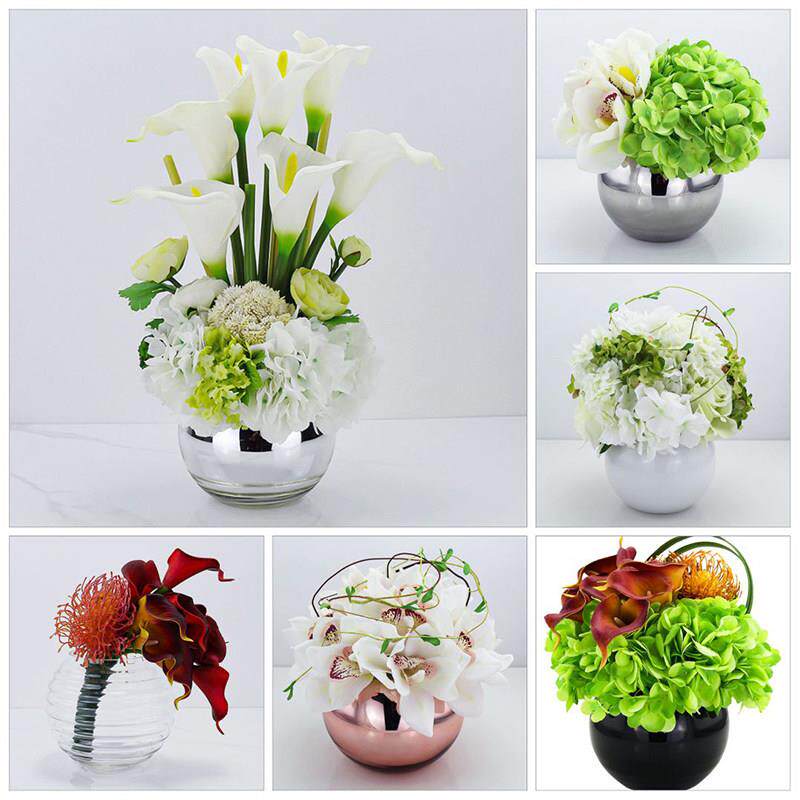 样板间花艺摆件银色电镀花瓶插花绣球花束假花样品屋展示中心部彷