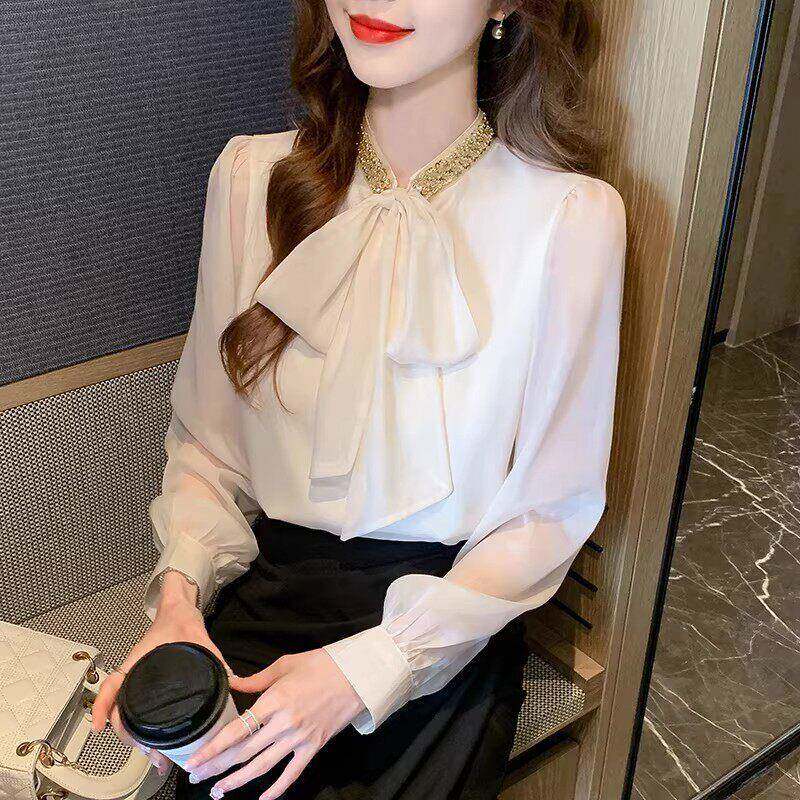 香港TIMO高级感法式千金风蝴蝶结系带雪纺衬衫女春季洋气减龄气质