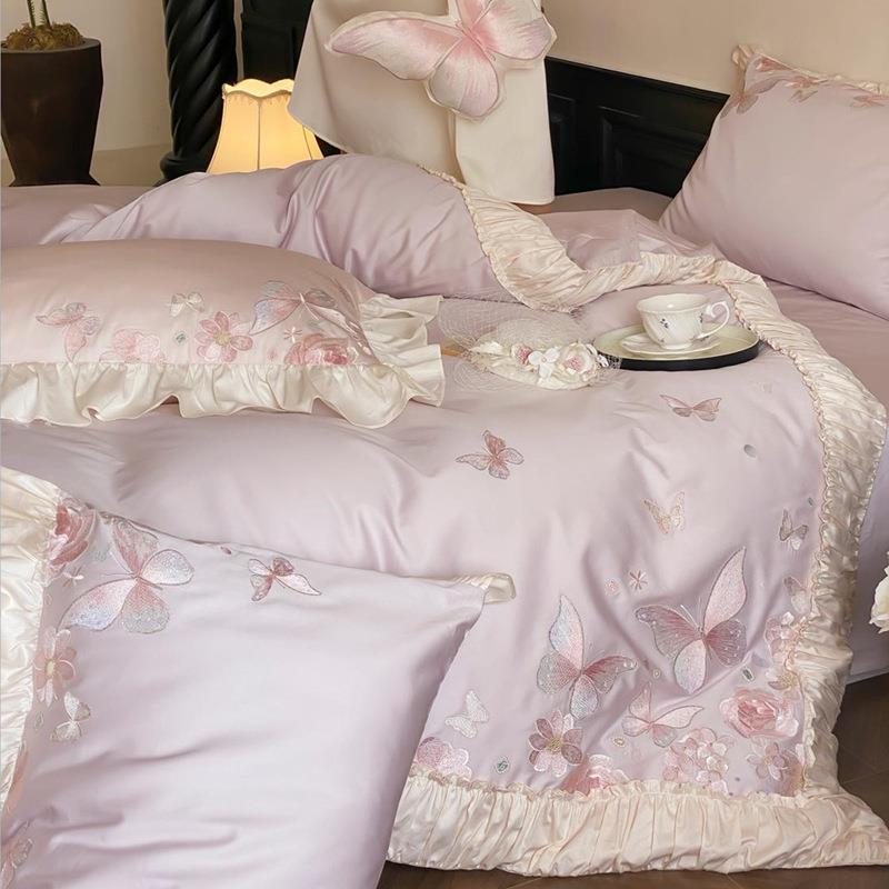 法式M24公主1刺0S贡缎全棉长绒棉四套件套蝴蝶绣纯棉0被床单床上