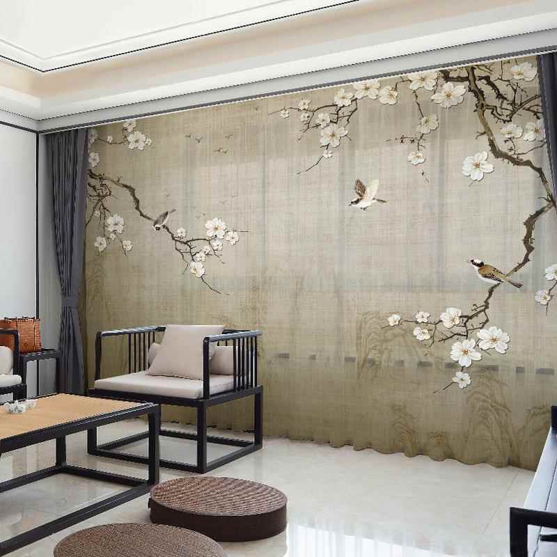 1VPK新中式花鸟画窗帘风国画复古风古典卧室客厅书房遮光窗纱