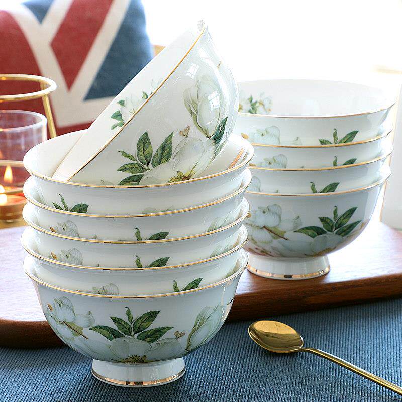 骨瓷碗家用碗碟套装陶瓷吃饭碗餐具北欧4.5英寸面 面碗米饭10个轻