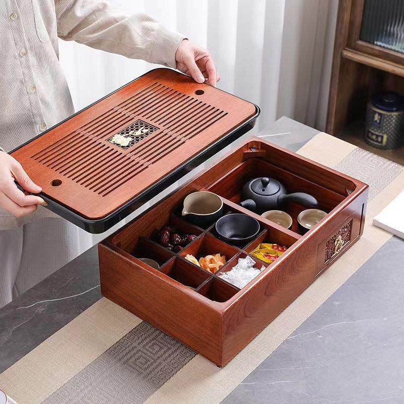 家用多功能收纳盒茶托 托盘新中式实木储物收纳茶具套组茶台竹制