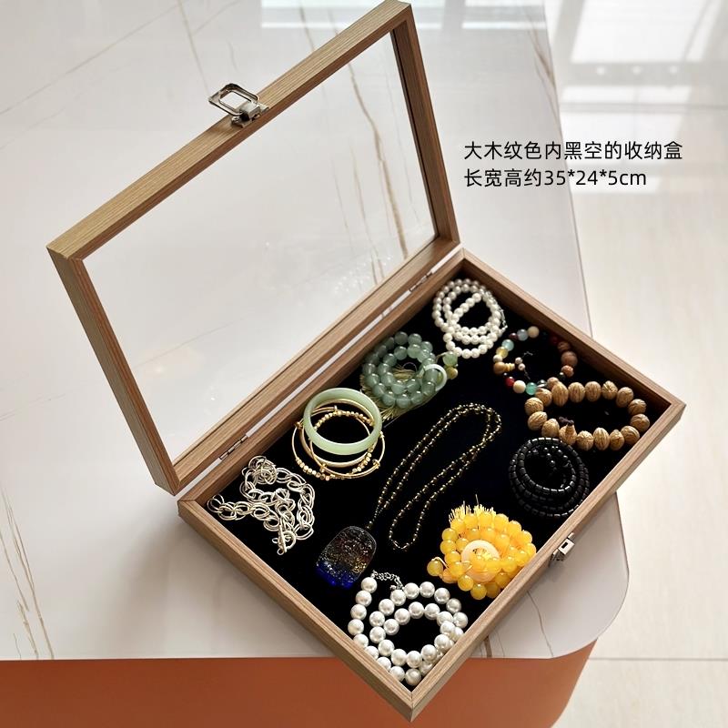 正品玻璃盖花饰梨木纹底格首珠宝分箱古钱币平安扣耳钉耳环黑吊坠