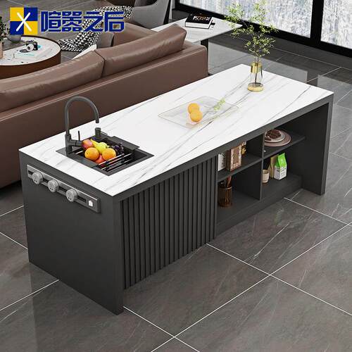 意式齐平中岛台岩板餐桌长方形一体家用轻奢小户型料理台吧台8E19