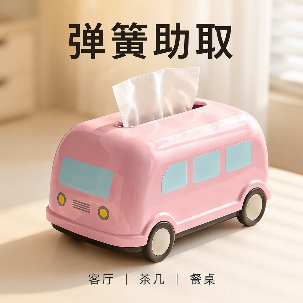 卡通巴士桌面纸巾盒弹簧助取创意家用客厅茶几餐桌书桌抽纸盒