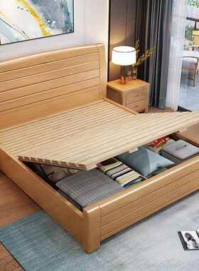 榉木全XLP实木床工厂直销18米中式约双人大床1.简主.5m卧高箱储物