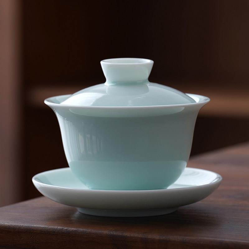 影青盖碗泡茶杯功夫茶具茶碗不烫手陶瓷茶杯茶碗青瓷家用三才茶碗