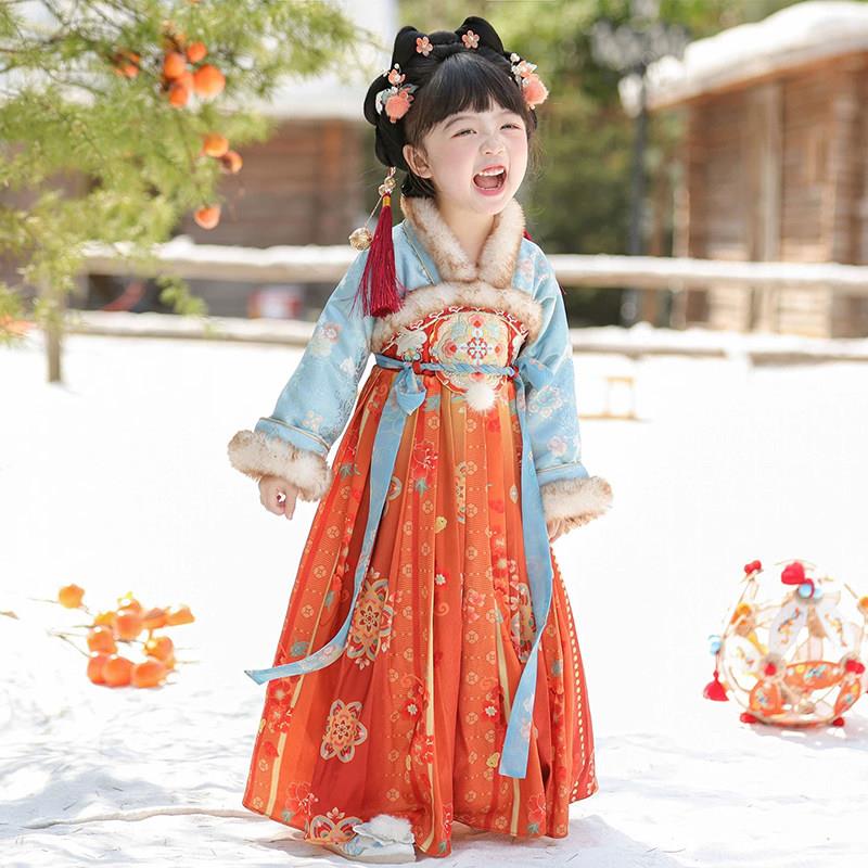 儿童汉服女童唐装加绒加厚连衣裙古装拜年服女孩公主裙过年服国风