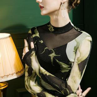 性感拼接秋冬内搭洋气小衫 2022秋季 女修身 新款 亮丝立领网纱打底衫