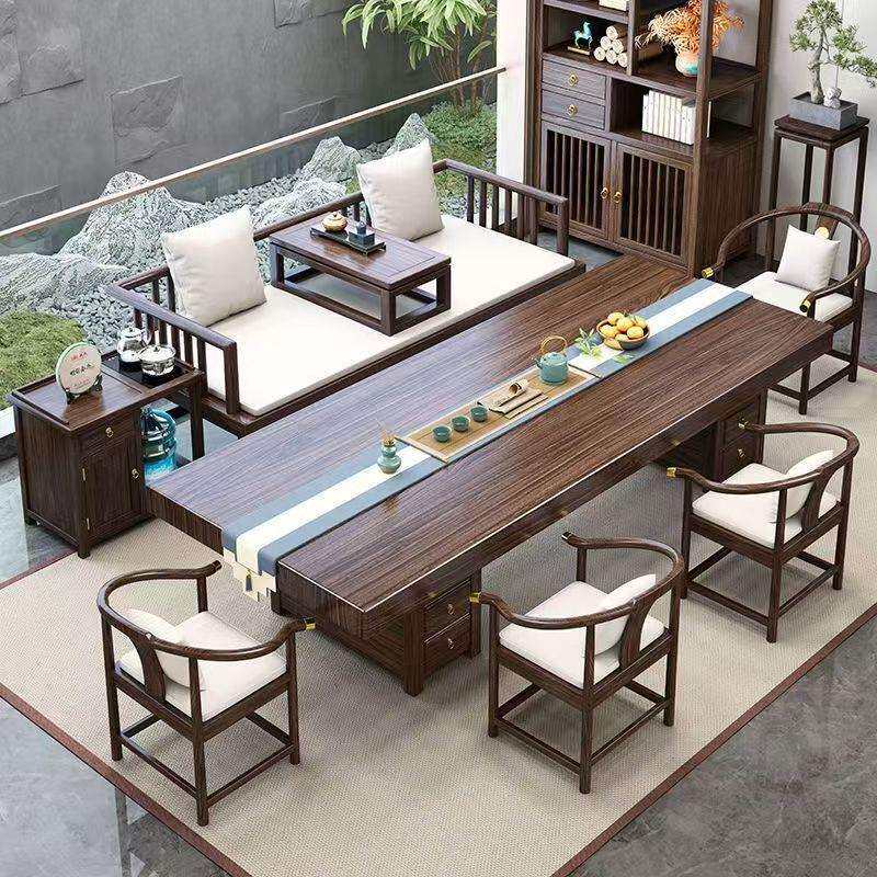 乌金木实木大板茶桌罗汉床组合新中式客厅办公室茶几喝茶桌泡茶台