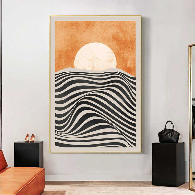 橙色客厅装饰画沙发背景墙画玄关走廊大幅落地画黑色线条现代简约