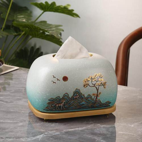 新中式陶瓷彩绘简约抽巾盒家用客厅茶几餐桌纸巾盒现代风装饰摆件
