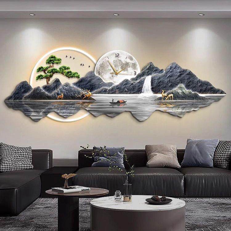 钟表挂钟客厅装饰画2026新款新中式沙发背景墙挂画轻奢山水壁灯画