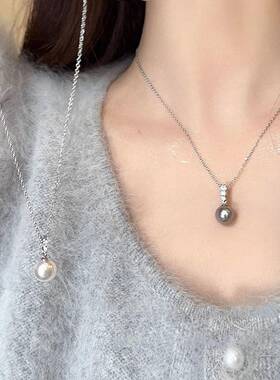 法式轻奢闪钻珍珠吊坠项链女简约百搭颈链小众设计锁骨链