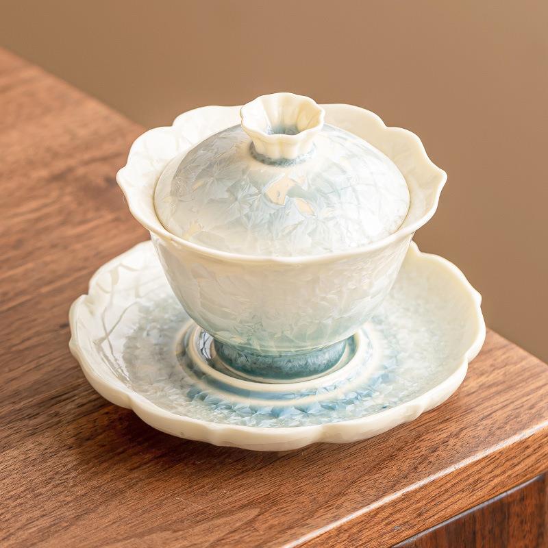 高档结晶釉盖碗茶杯湖绿葵口泡茶碗大号不烫手高颜值茶具防烫单个