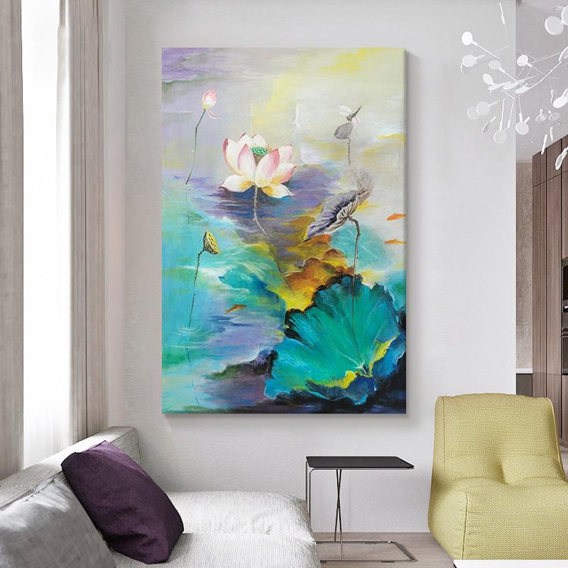 网红玄油关荷花纯手绘鱼画客厅新中式塘鲤装饰荷画大芬村莲池蓬叶图片