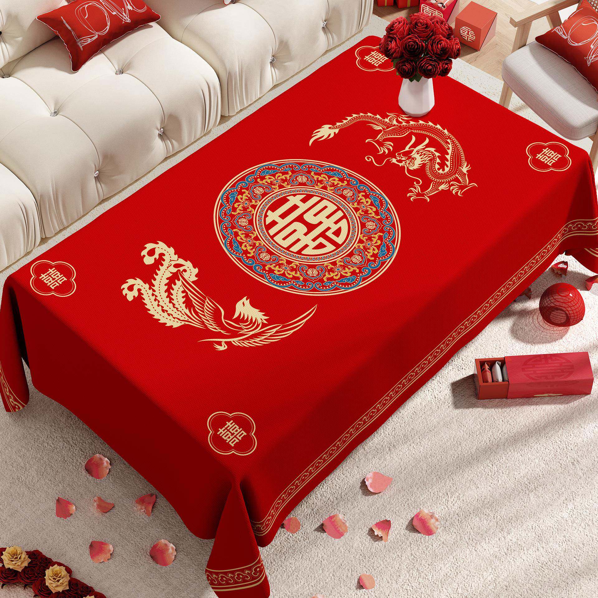 结婚专用红色氛围感客厅茶几垫子防水防油桌布新款中式风家用台布