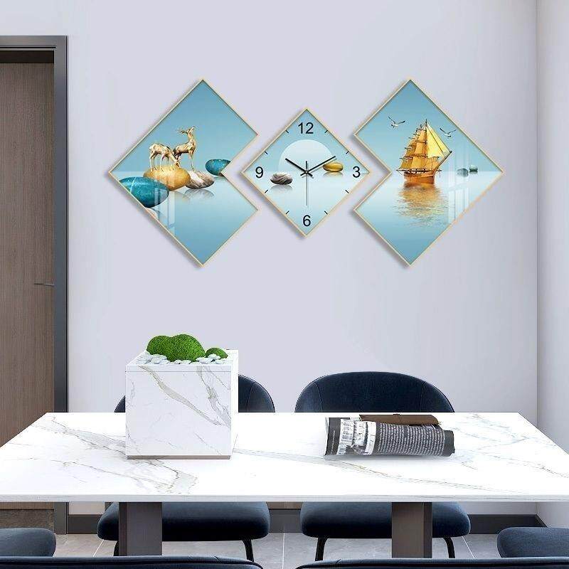 现代简约餐厅装饰画带时轻奢创意ORX壁画钟表餐挂厅画免打孔三钟