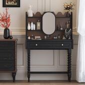 XW美式 复古主卧室红橡木梳妆台收纳柜书桌一体家用黑色化妆桌 法式