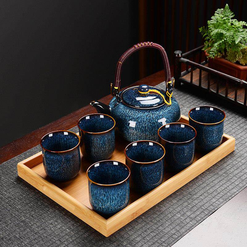 陶瓷功夫茶杯具套装家用中式饭厅泡茶壶带托 托盘窑变覆古冷热冷