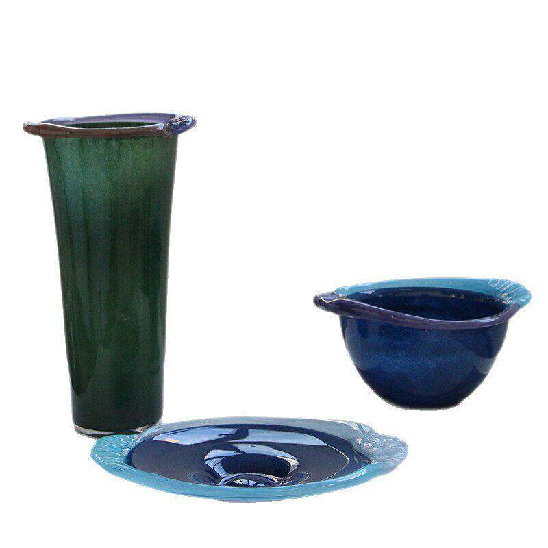 中古草绿色手工琉璃直筒花玄关餐桌创意客厅复古果盘新中式摆件
