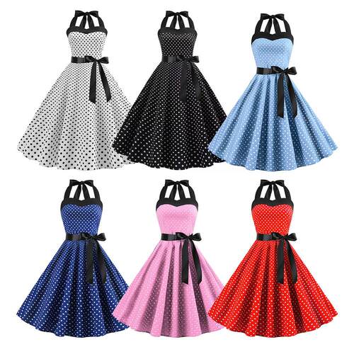 A large number of polka dot strapless dresses and large