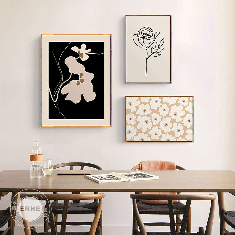 抽象花卉北欧餐厅组合挂画客厅背景墙三联装饰画小众玄关柜子摆画图片