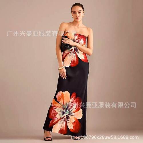 Women's Bodycon Dress Strapless Tropical Print Maxi Style