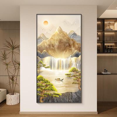 流水生财玄关装饰画入户正对门背有靠山现代轻奢东墙过道尽头挂画