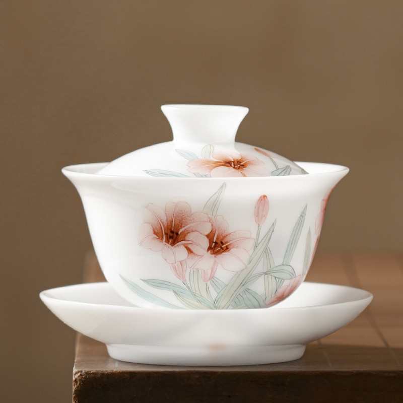 陶瓷烫手高档粉彩功夫单个家用盖碗不三才泡茶具大号手绘敬茶盖碗