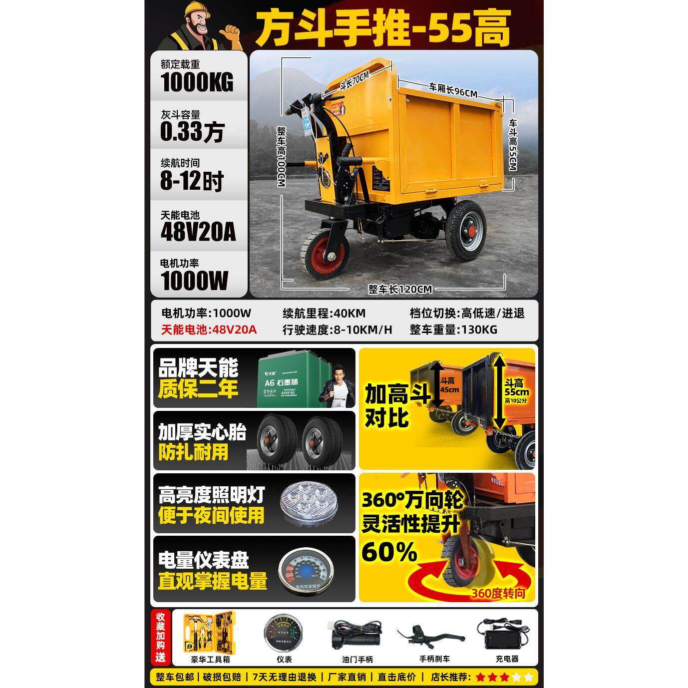 0.48方建筑工地电动灰斗车三轮车拉砖拉砂浆搬运手推车自卸翻斗车