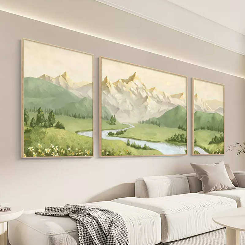 日照金山客厅装饰画北欧原木风景山水画聚宝盆挂画沙发背景墙壁画