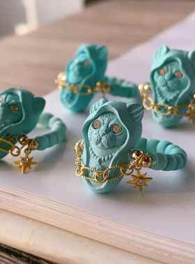 新品天然原矿绿松石法老猫戒指18k金配饰女指环规格20*12.5mm左右