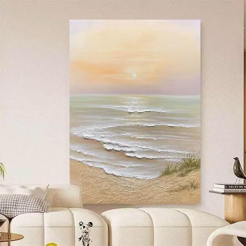 手绘油画抽象海景客厅玄关装饰画奶油风卧室床头挂画砂岩立体肌理