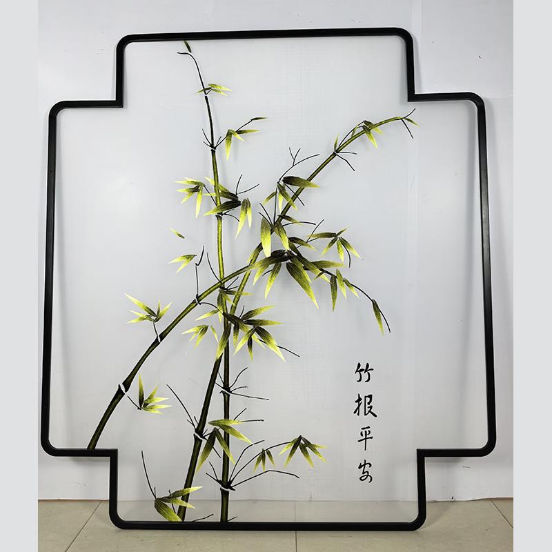 半透明纱布丝画家直销屏风玄关金属异形竹报平安双面刺绣