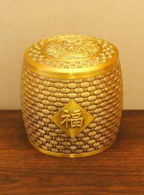 黄铜双福茶叶罐纯铜百福带盖茶罐家用客厅办公室密封储存罐