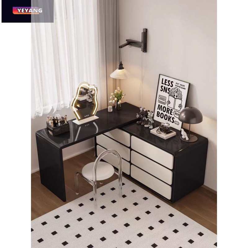 法式现代简约实木奶油风梳妆台家用卧室收纳柜一体黑白色化妆用桌