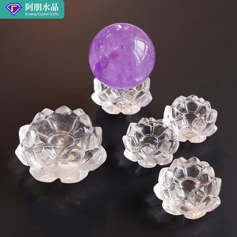 天然水晶原石白水晶莲花雕刻件白水晶原石打磨水晶球底座装饰摆件